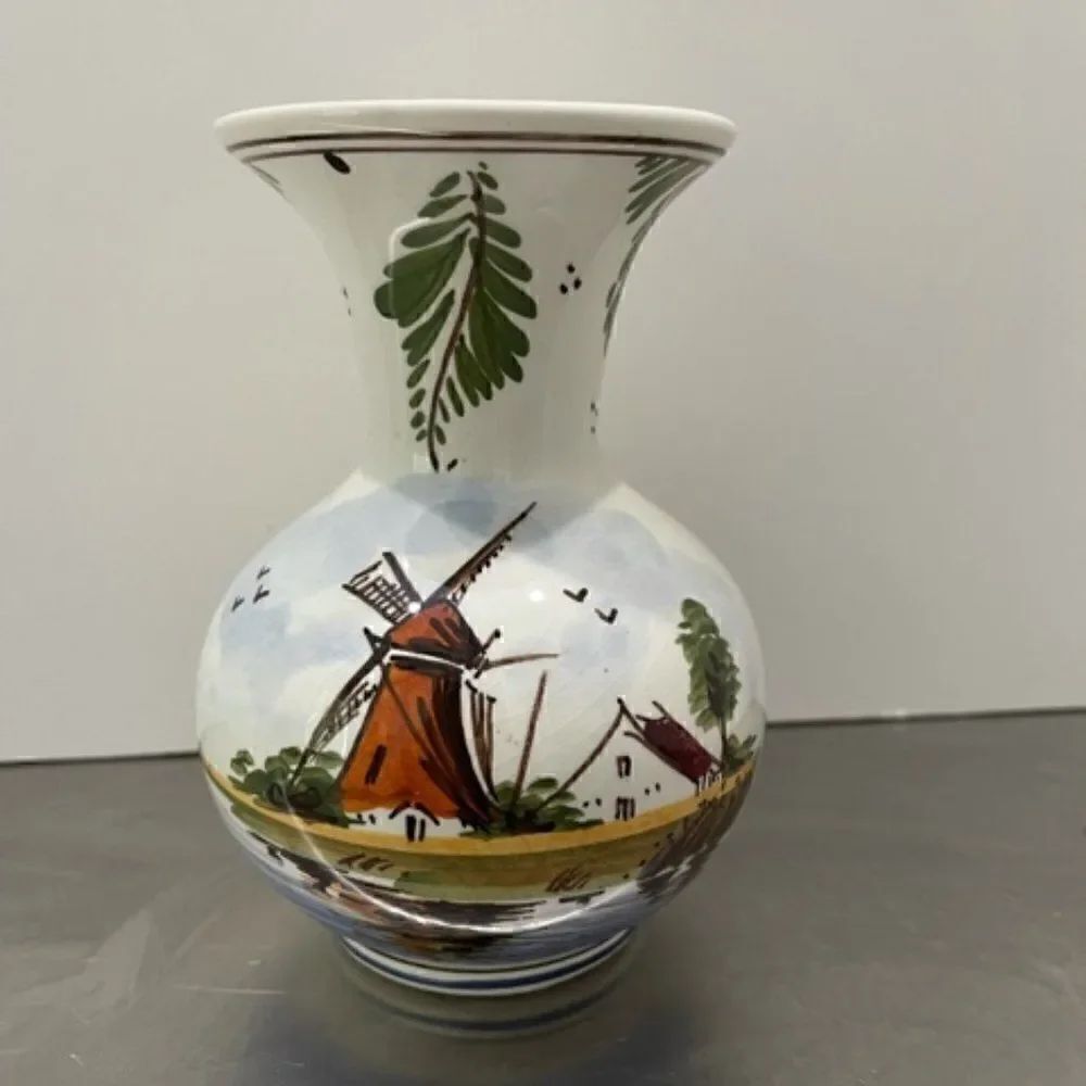 DP Delft Pottery Porcelain Vase 5.75" Windmill